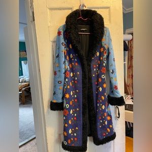 Vintage Betsey Johnson Faux Fur Floral Long Jacket Coat Large